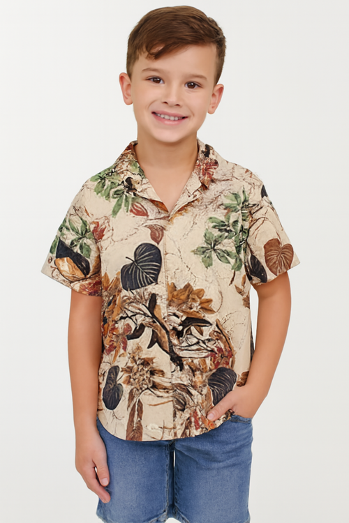 Tan Autumn Leaf Print Resort Shirt